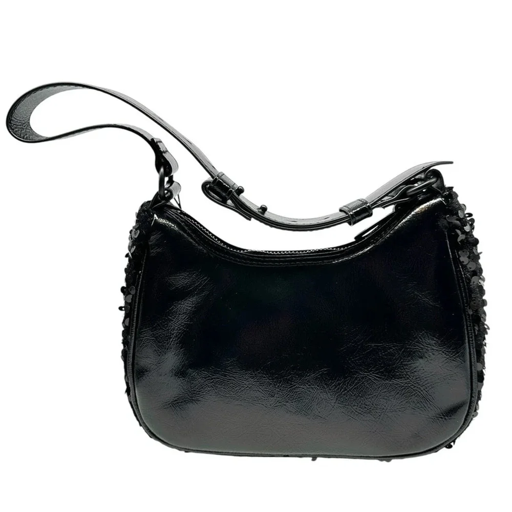 Nicole Miller Black Sequin Shiny Strap Shoulder Bag Purse Logo Formal Dressy NWT